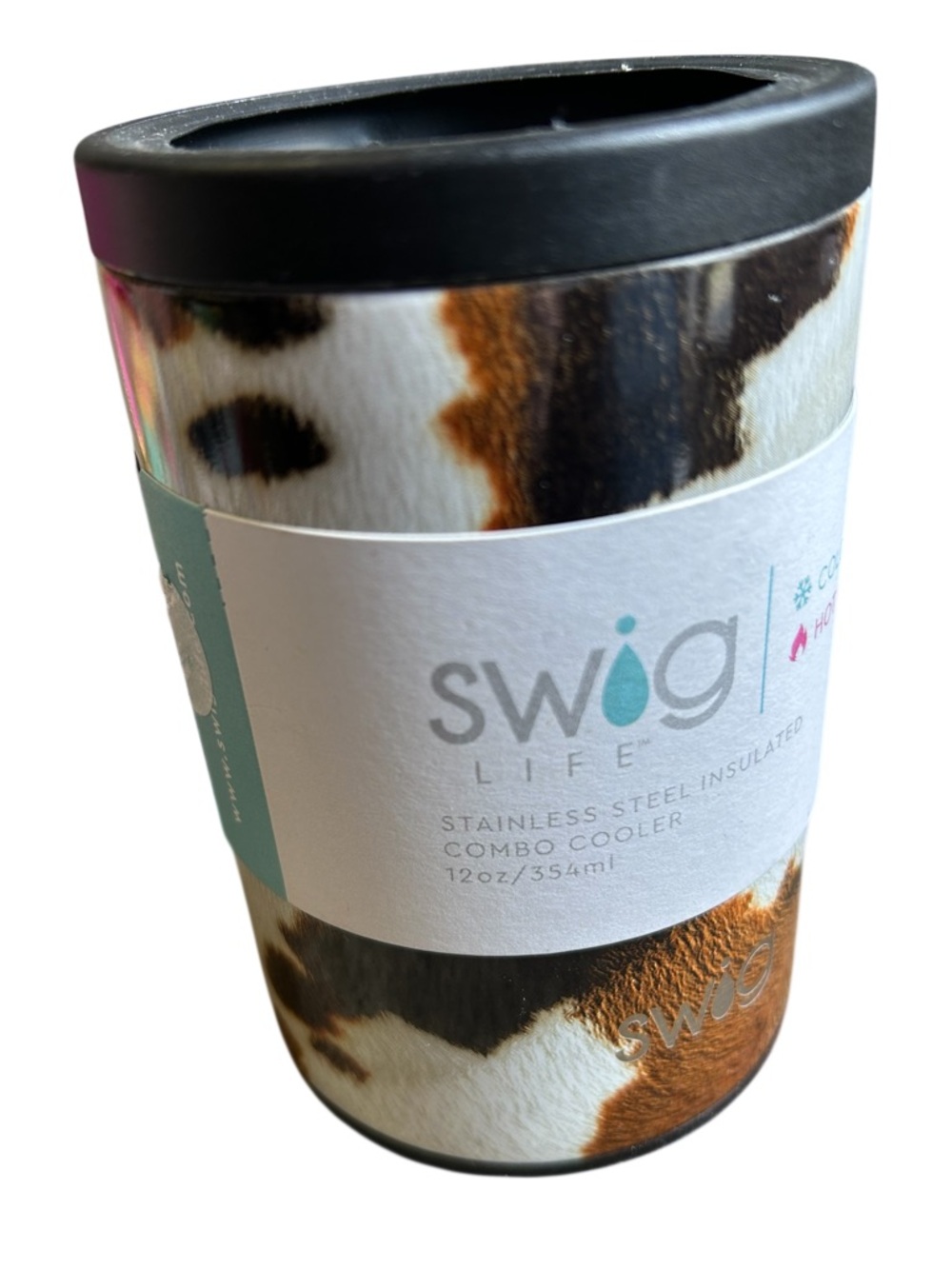 NWT Swig Hayride CowHide Print Koozie
Stainless Steel combo cooler 12 oz